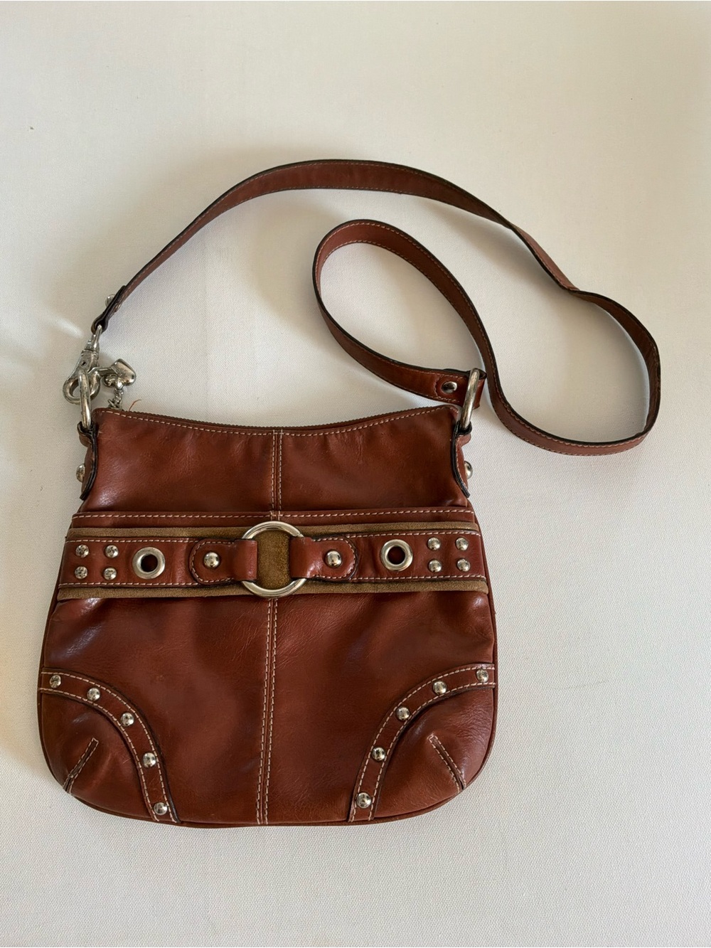 Brighton Brown Leather Studded Shoulder Bag Silver Hardware